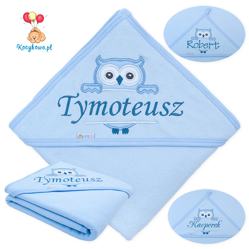 Bath cover - towel with name 100x100 Owl 088 blue